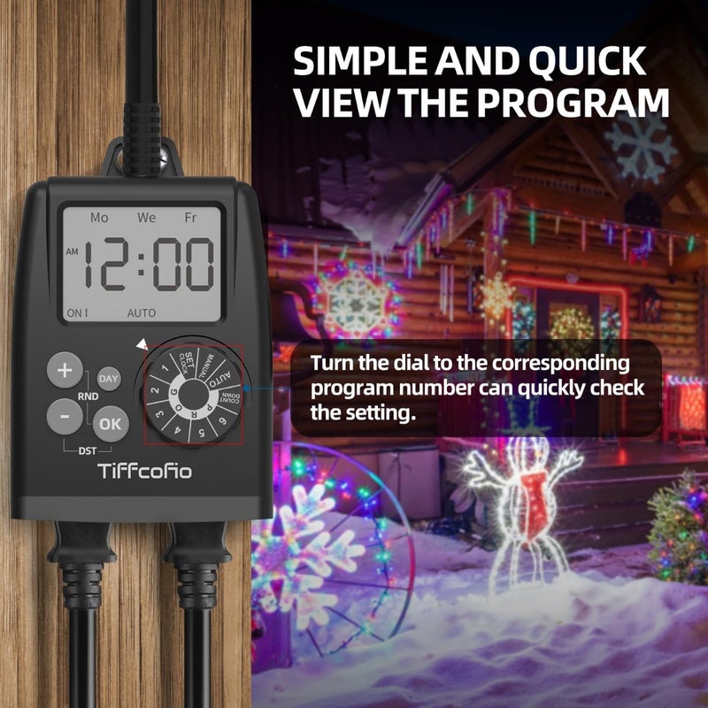 Tiffcofio New Digital Outdoor Timer Outlet, Dial Programmable Method, Outdoor Light Timer Waterproof, 2 Grounded Electrical Outlets for Christmas Lights, 6 Sets of Programs, 15A/1875W (1 Pack) - Image 4